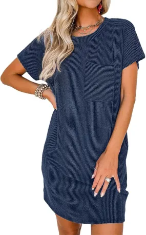 Acelitt Womens Casual Summer Crewneck Short Sleeve Ribbed Mini Tshirt Dress, XS-3XL