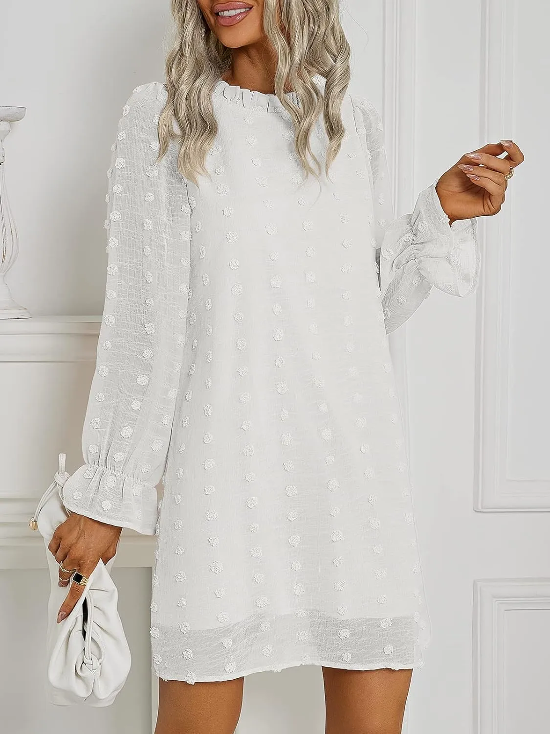 Adibosy Women Dress Long Sleeve: Flowy Wedding Guest Casual Mini Dresses for Womens Swiss Dot Chiffon Short Dress