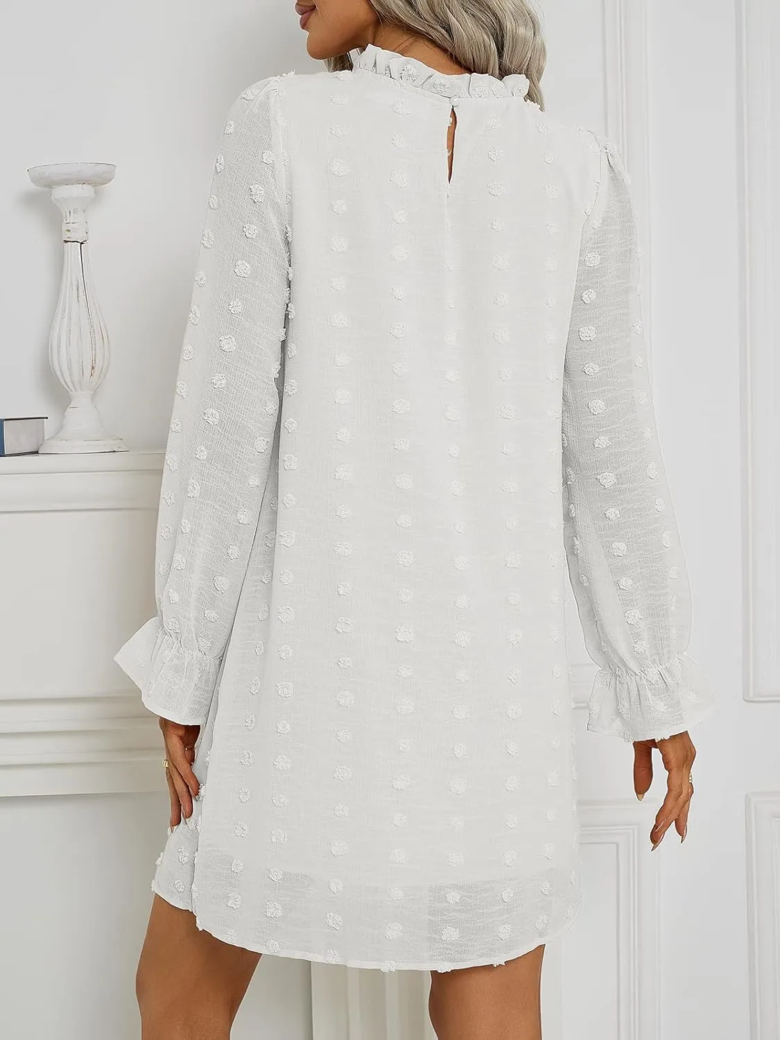 Adibosy Women Dress Long Sleeve: Flowy Wedding Guest Casual Mini Dresses for Womens Swiss Dot Chiffon Short Dress
