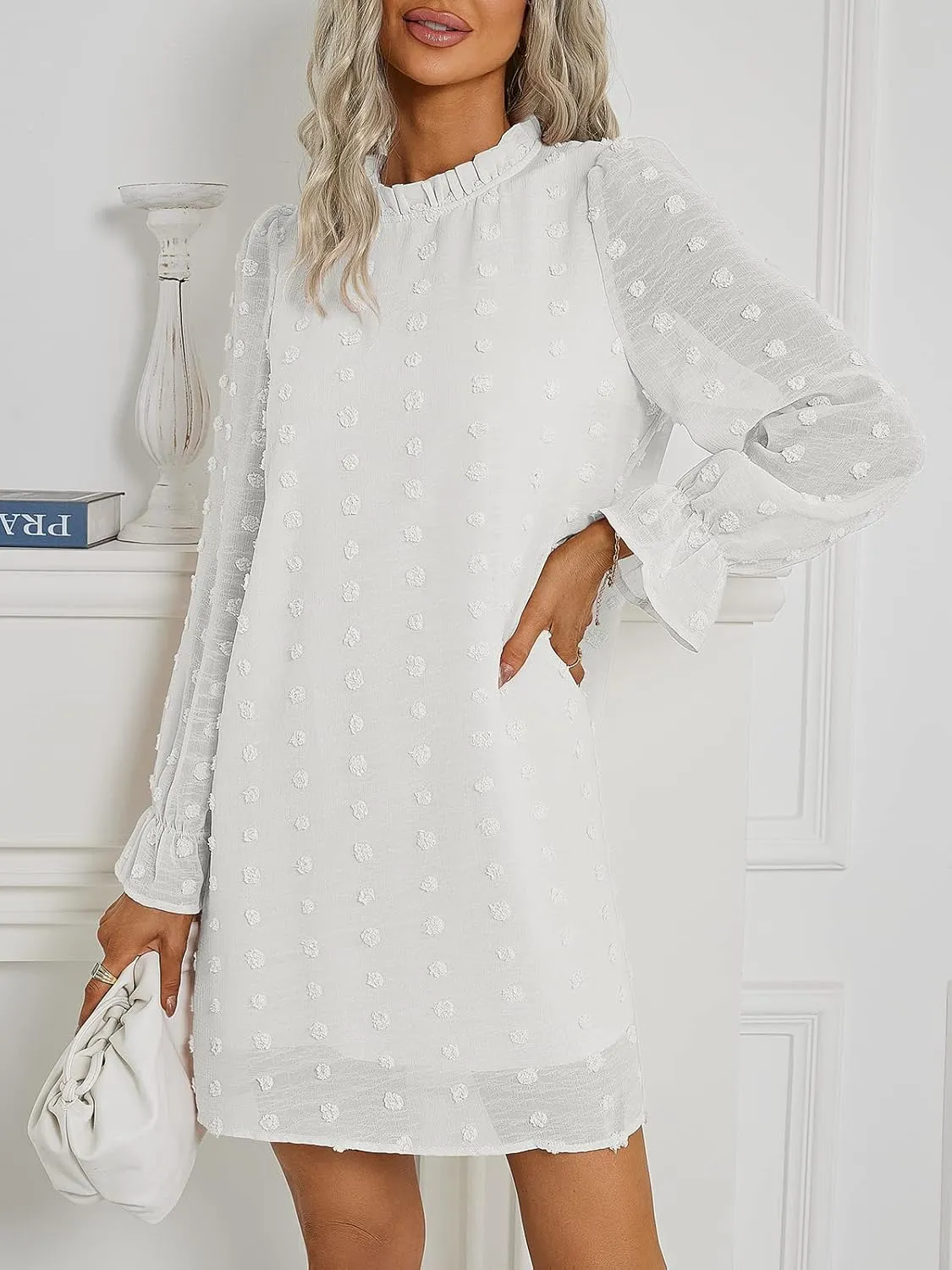 Adibosy Women Dress Long Sleeve: Flowy Wedding Guest Casual Mini Dresses for Womens Swiss Dot Chiffon Short Dress