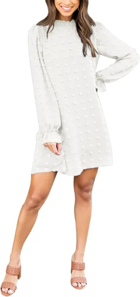 Adibosy Women Dress Long Sleeve: Flowy Wedding Guest Casual Mini Dresses for Womens Swiss Dot Chiffon Short Dress