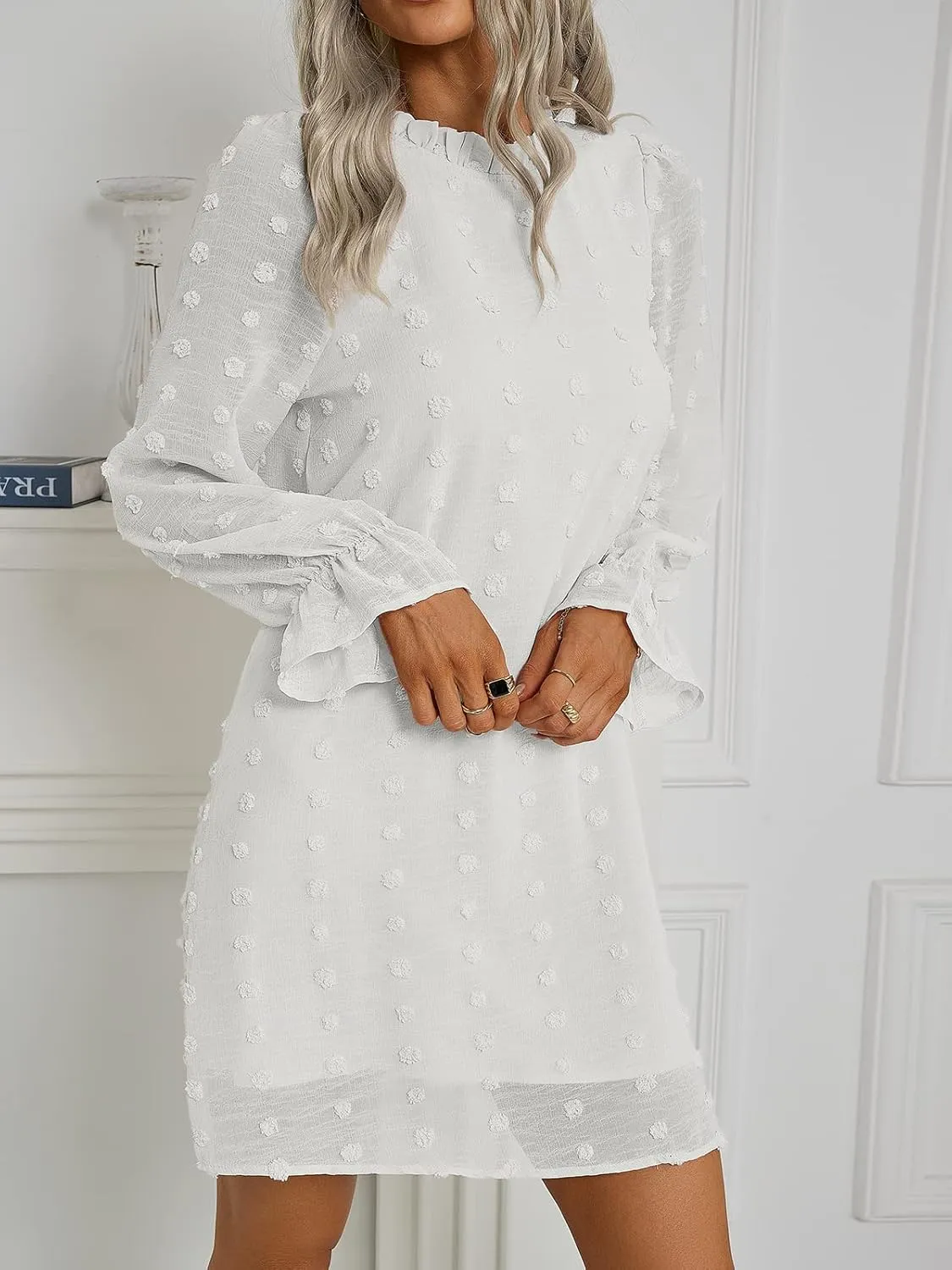 Adibosy Women Dress Long Sleeve: Flowy Wedding Guest Casual Mini Dresses for Womens Swiss Dot Chiffon Short Dress