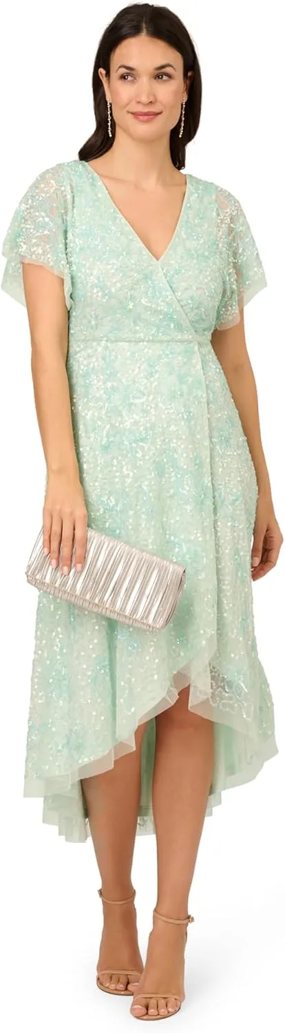 Adrianna Papell Women's Beaded Mesh Wrap Dress
