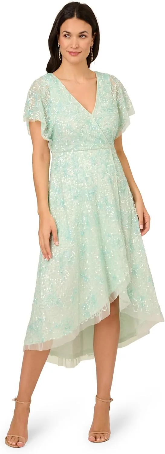 Adrianna Papell Women's Beaded Mesh Wrap Dress