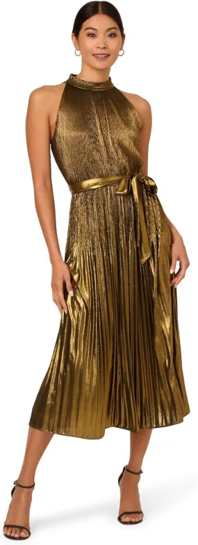 Adrianna Papell Women's Halter Pleated Metallic Dress