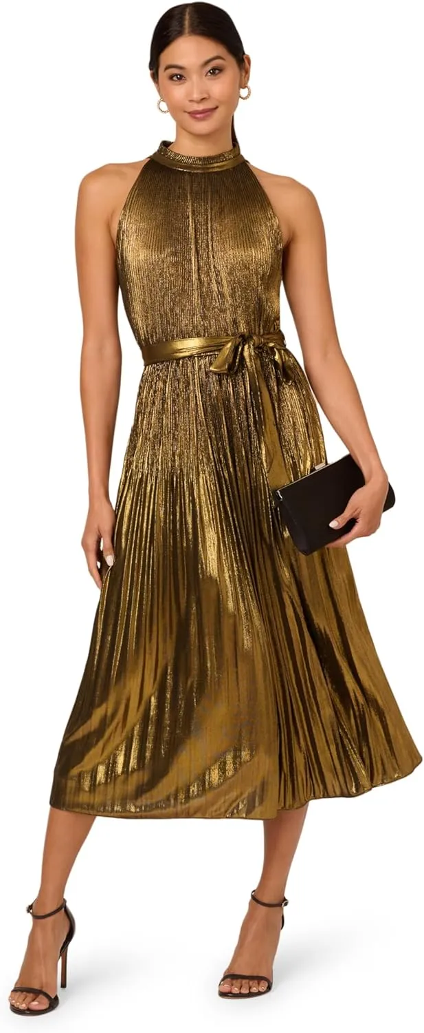 Adrianna Papell Women's Halter Pleated Metallic Dress