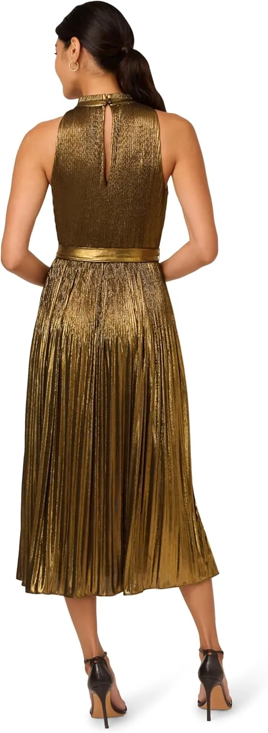 Adrianna Papell Women's Halter Pleated Metallic Dress