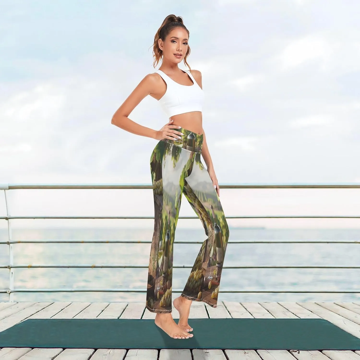 ALAZA Women's White Wine with Barrel on Vineyard Flare Yoga Pants