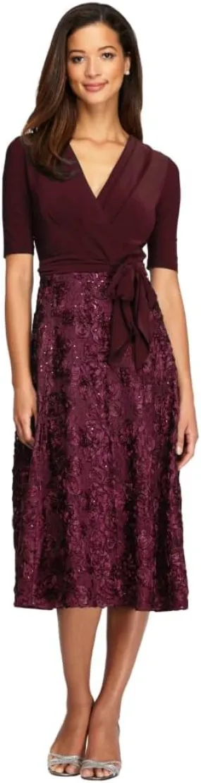 Alex Evenings Women's Tea Length Dress with Rosette Detail