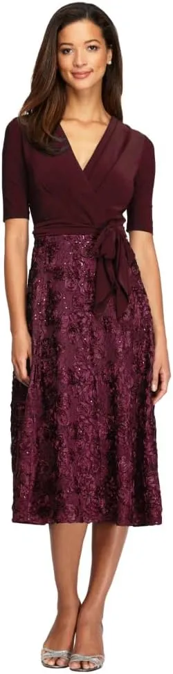 Alex Evenings Women's Tea Length Dress with Rosette Detail