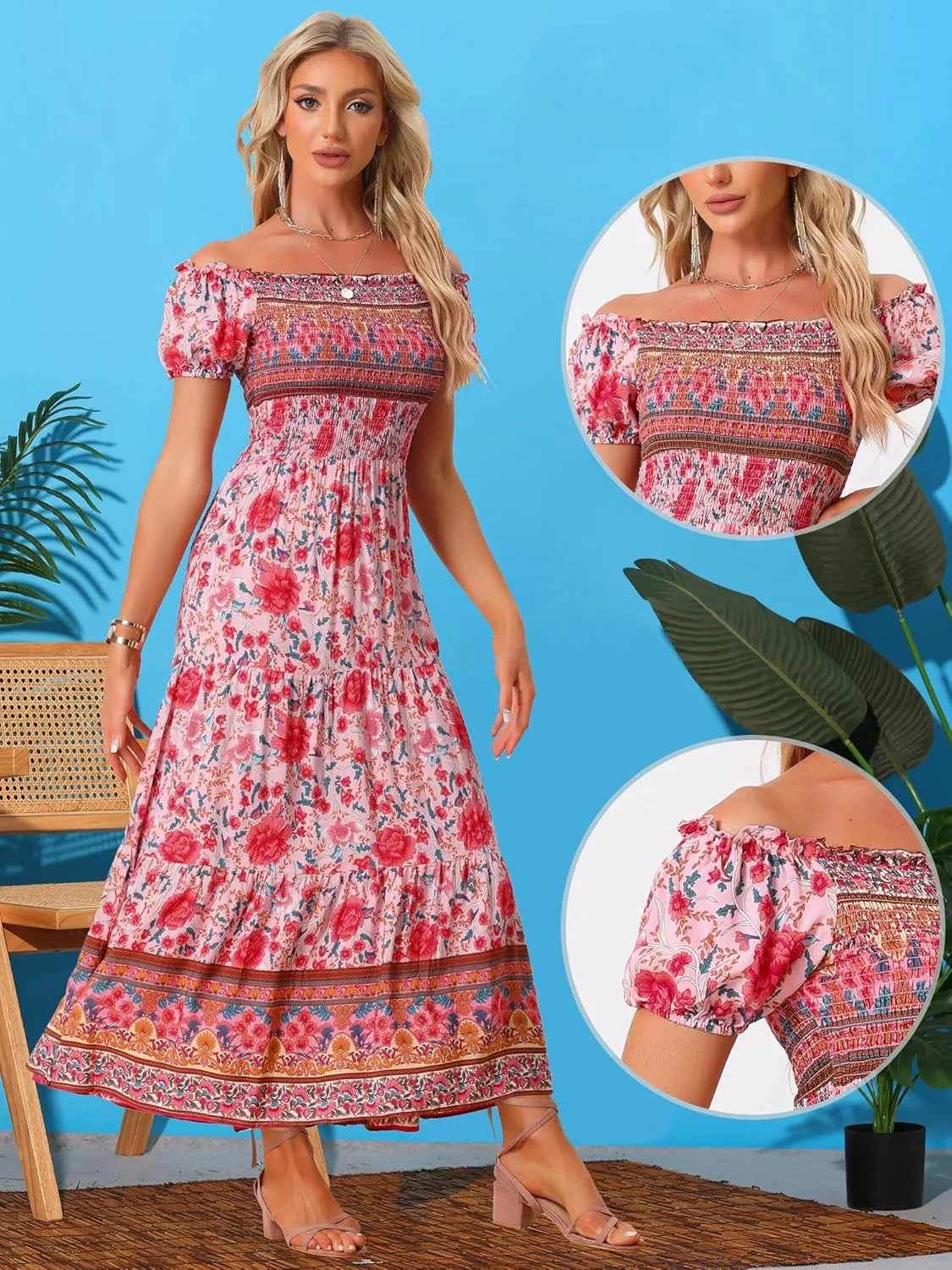 Allegra K Boho Smocked Dress for Women's Maxi Floral Off-Shoulder Flowy Dresses