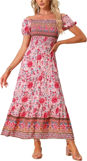 Allegra K Boho Smocked Dress for Women's Maxi Floral Off-Shoulder Flowy Dresses