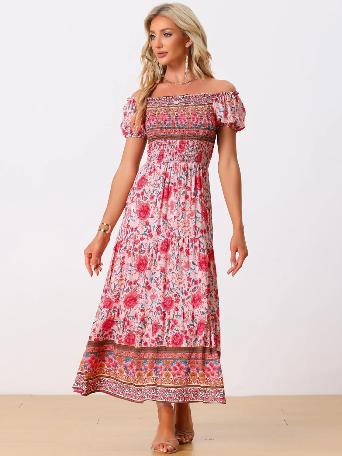 Allegra K Boho Smocked Dress for Women's Maxi Floral Off-Shoulder Flowy Dresses