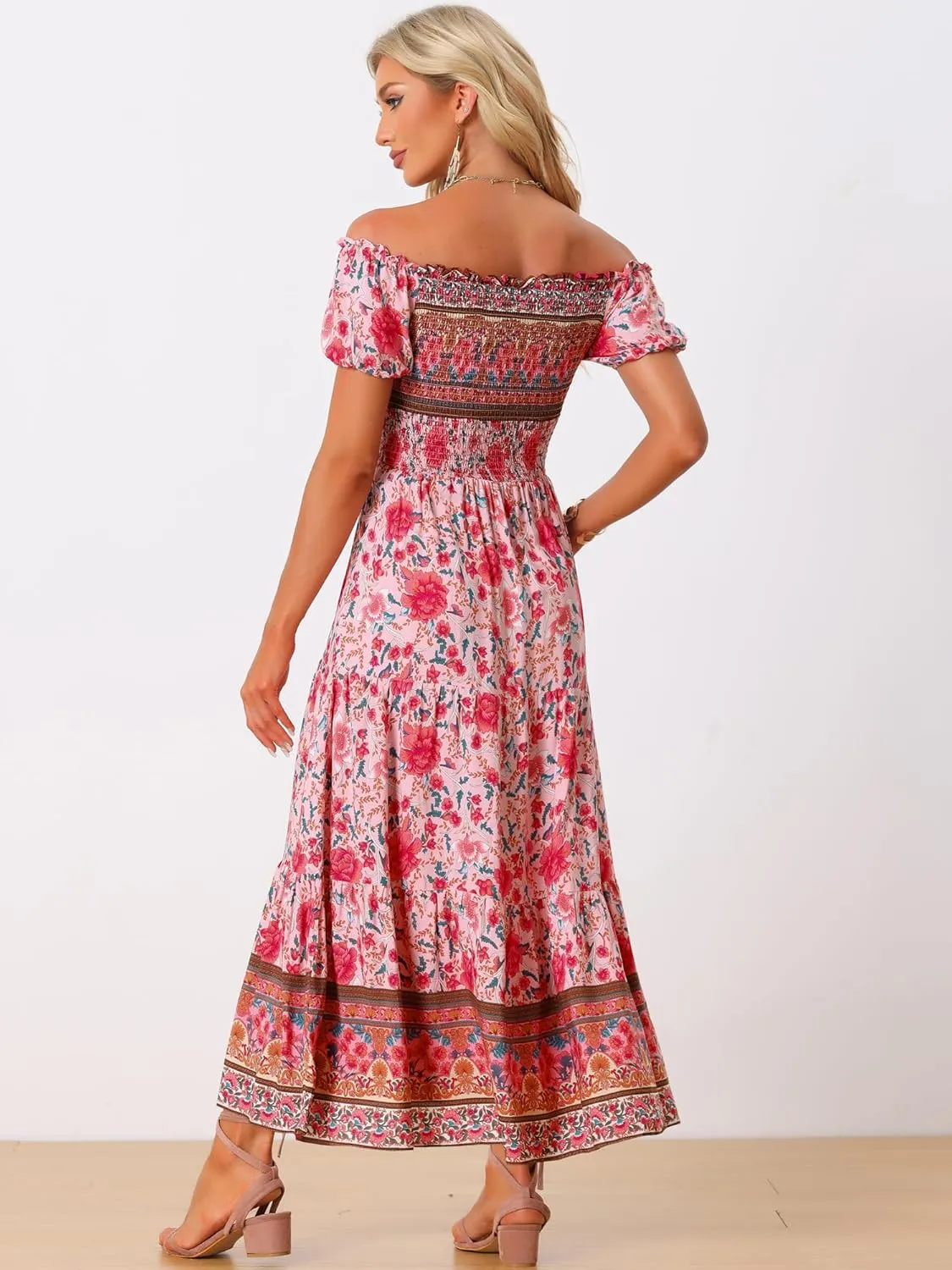 Allegra K Boho Smocked Dress for Women's Maxi Floral Off-Shoulder Flowy Dresses