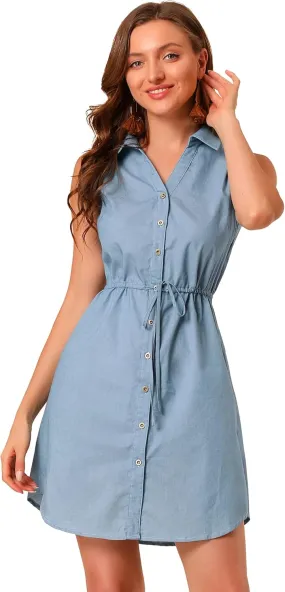 Allegra K Women's Chambray Dress Sleeveless Button Down Jean Denim Shirt Dresses
