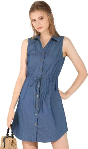 Allegra K Women's Chambray Dress Sleeveless Button Down Jean Denim Shirt Dresses
