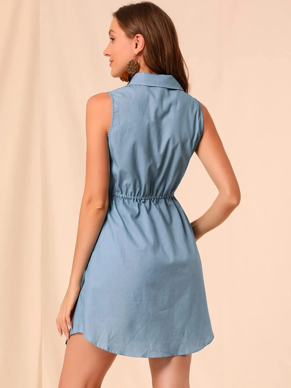 Allegra K Women's Chambray Dress Sleeveless Button Down Jean Denim Shirt Dresses