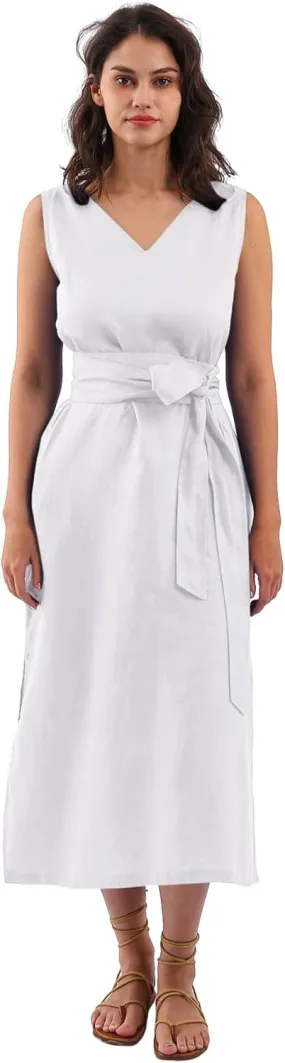 Amazhiyu Womens 100% Linen Summer Sleeveless V-Neck Midi Dresses with Pockets