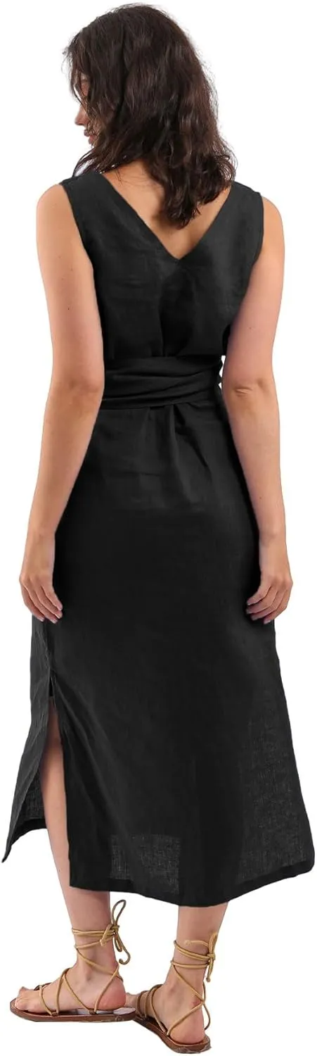 Amazhiyu Womens 100% Linen Summer Sleeveless V-Neck Midi Dresses with Pockets