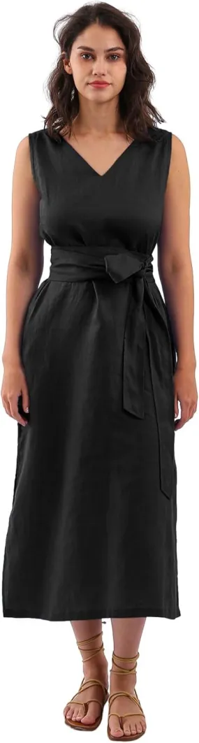 Amazhiyu Womens 100% Linen Summer Sleeveless V-Neck Midi Dresses with Pockets