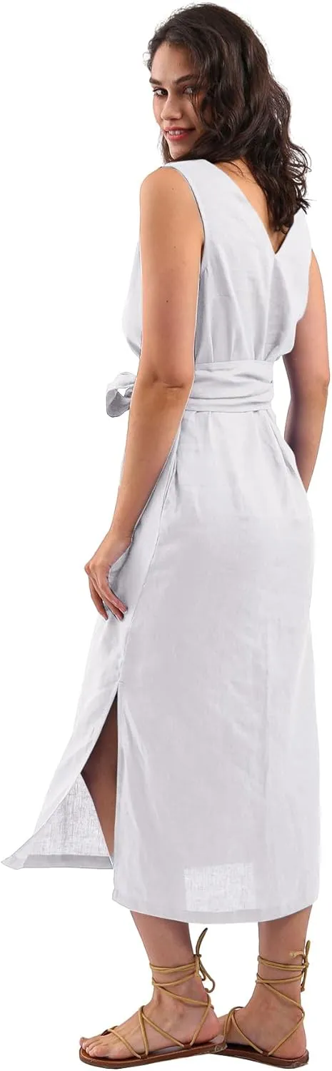 Amazhiyu Womens 100% Linen Summer Sleeveless V-Neck Midi Dresses with Pockets