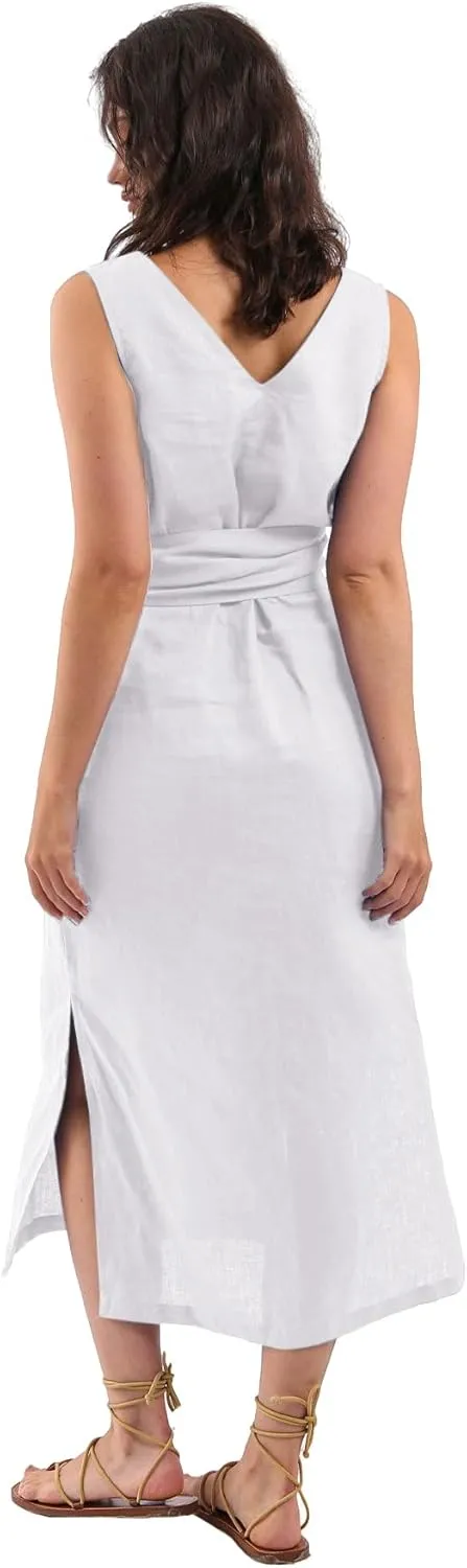 Amazhiyu Womens 100% Linen Summer Sleeveless V-Neck Midi Dresses with Pockets