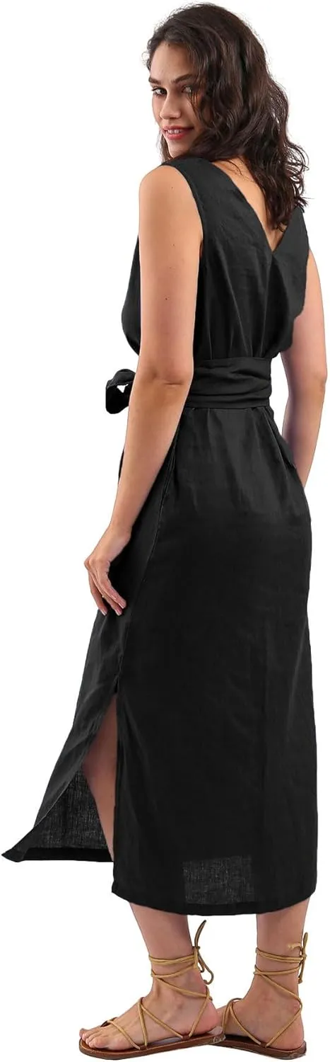 Amazhiyu Womens 100% Linen Summer Sleeveless V-Neck Midi Dresses with Pockets