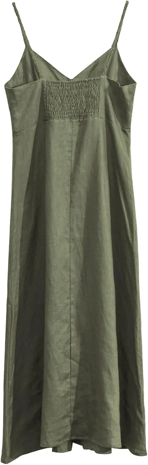 Amazhiyu Womens 100% Linen Summer Spaghetti Strap Button Down Midi Dress Casual