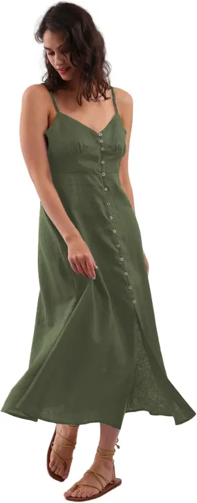 Amazhiyu Womens 100% Linen Summer Spaghetti Strap Button Down Midi Dress Casual
