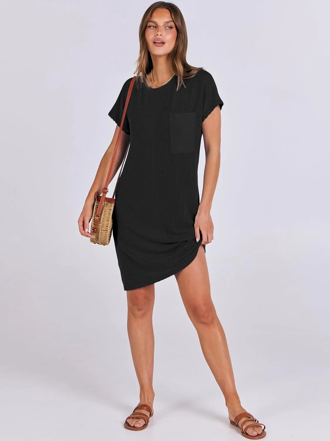 ANRABESS Womens Casual Summer Ribbed Knit Tunic Tshirt Mini Dresses 2025 Trendy Crewneck Short Sleeve Beach Loose Shift Dress