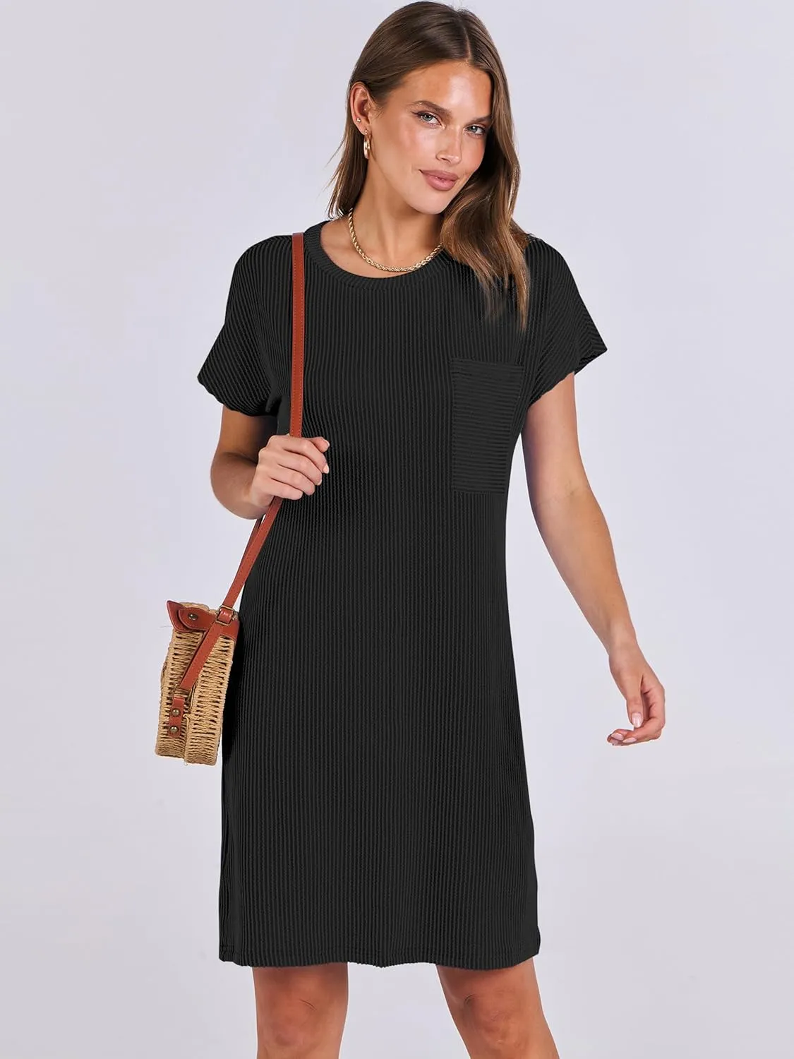 ANRABESS Womens Casual Summer Ribbed Knit Tunic Tshirt Mini Dresses 2025 Trendy Crewneck Short Sleeve Beach Loose Shift Dress