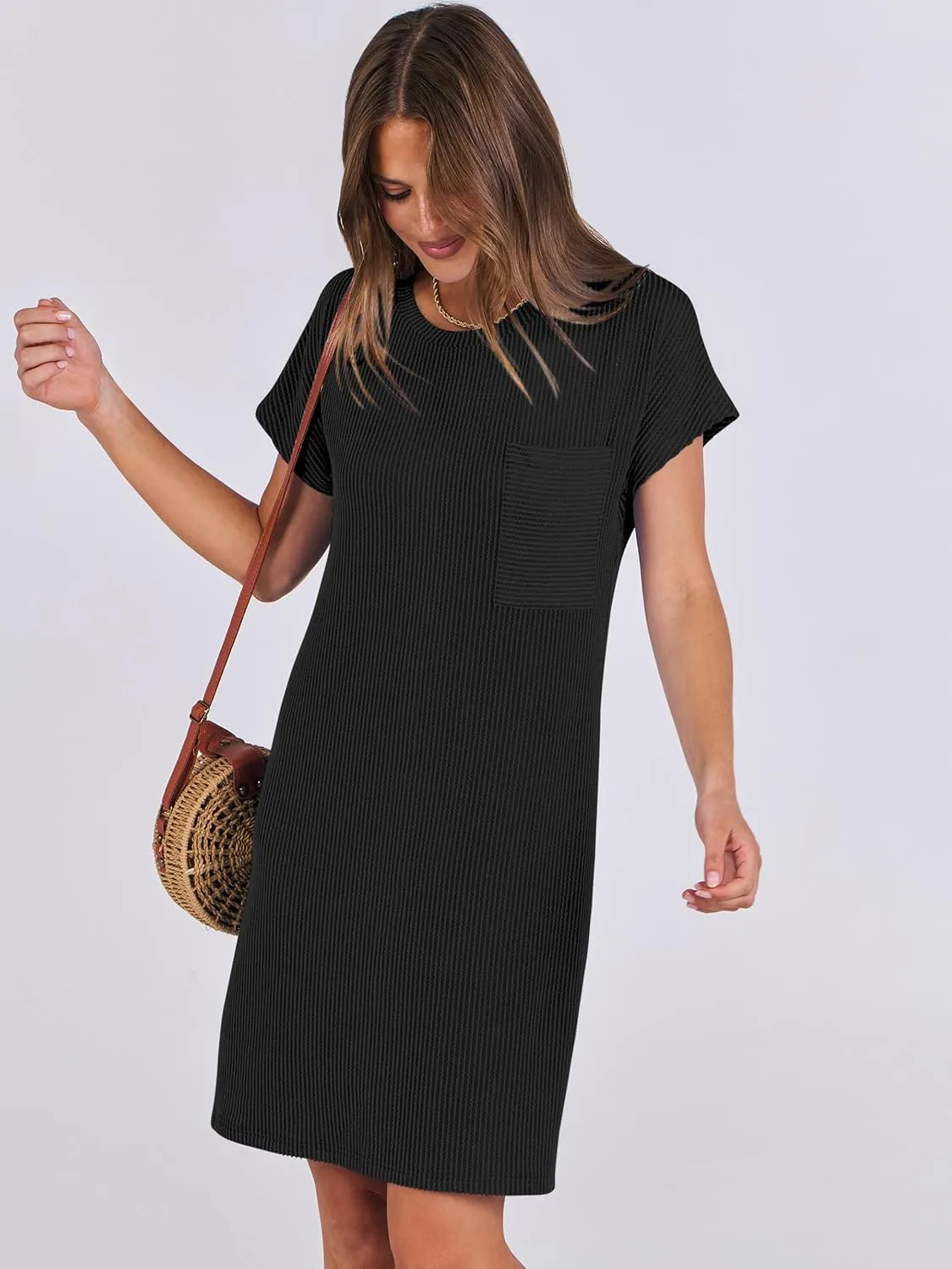 ANRABESS Womens Casual Summer Ribbed Knit Tunic Tshirt Mini Dresses 2025 Trendy Crewneck Short Sleeve Beach Loose Shift Dress