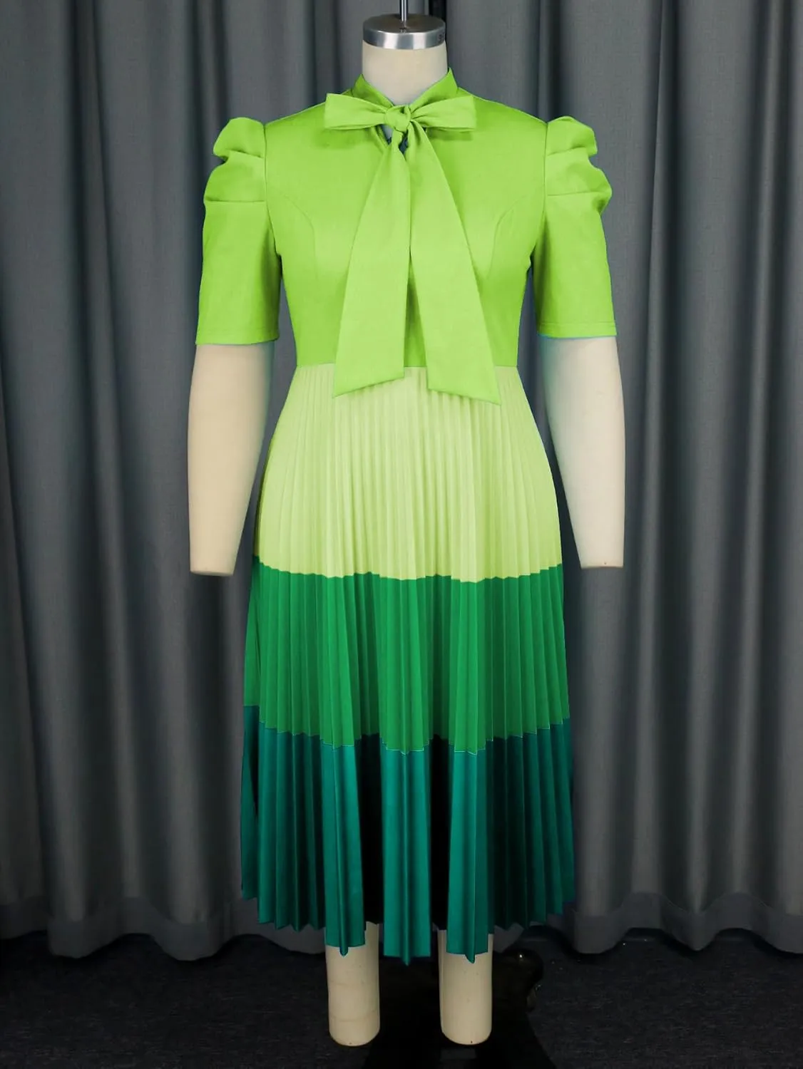 AOMEI Women's Colorblock Bowtie Neck Half Sleeve Pleated A-Line Midi Dress