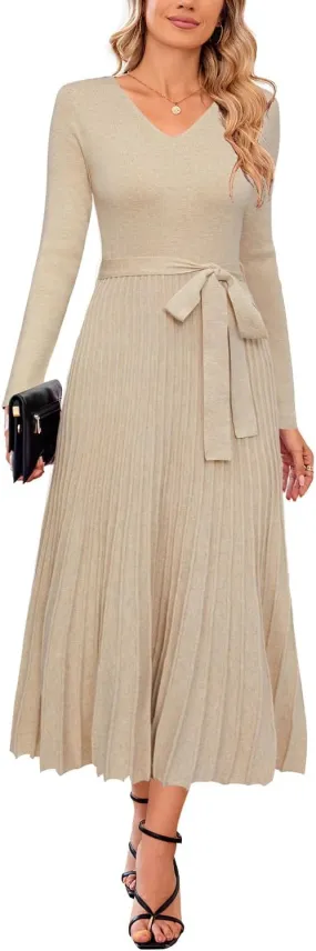 Arach&Cloz Women's Wool Blend Tie Waist Pleated Fall Sweater Dress 2025