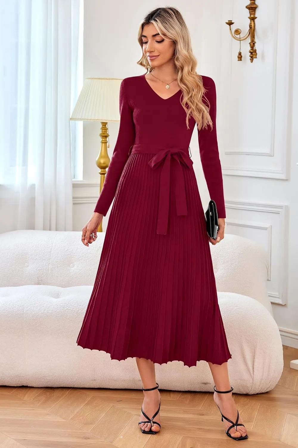 Arach&Cloz Women's Wool Blend Tie Waist Pleated Fall Sweater Dress 2025