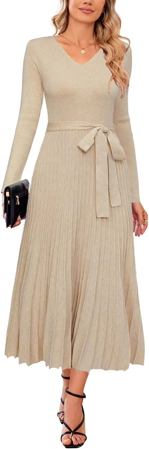 Arach&Cloz Women's Wool Blend Tie Waist Pleated Fall Sweater Dress 2025