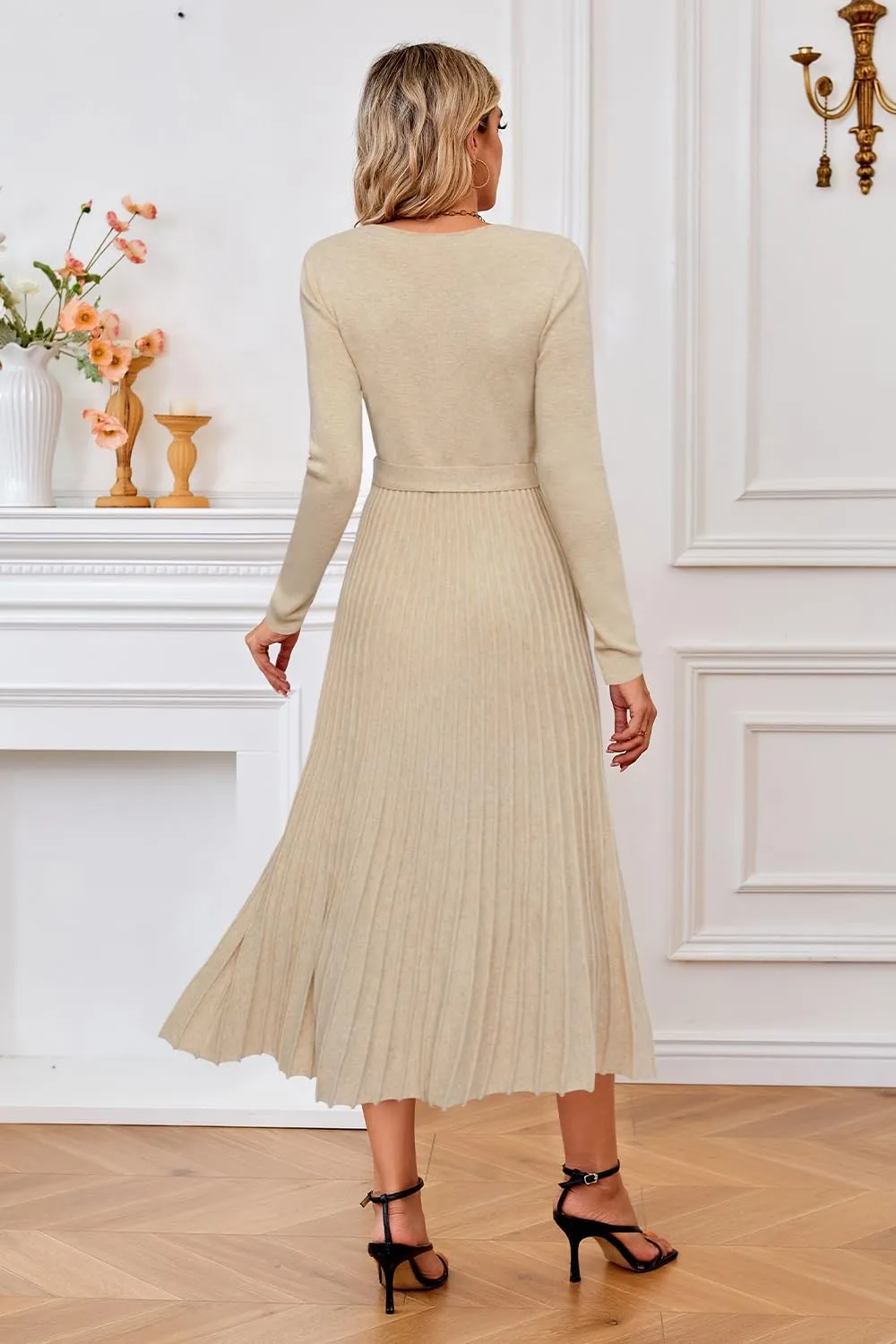 Arach&Cloz Women's Wool Blend Tie Waist Pleated Fall Sweater Dress 2025
