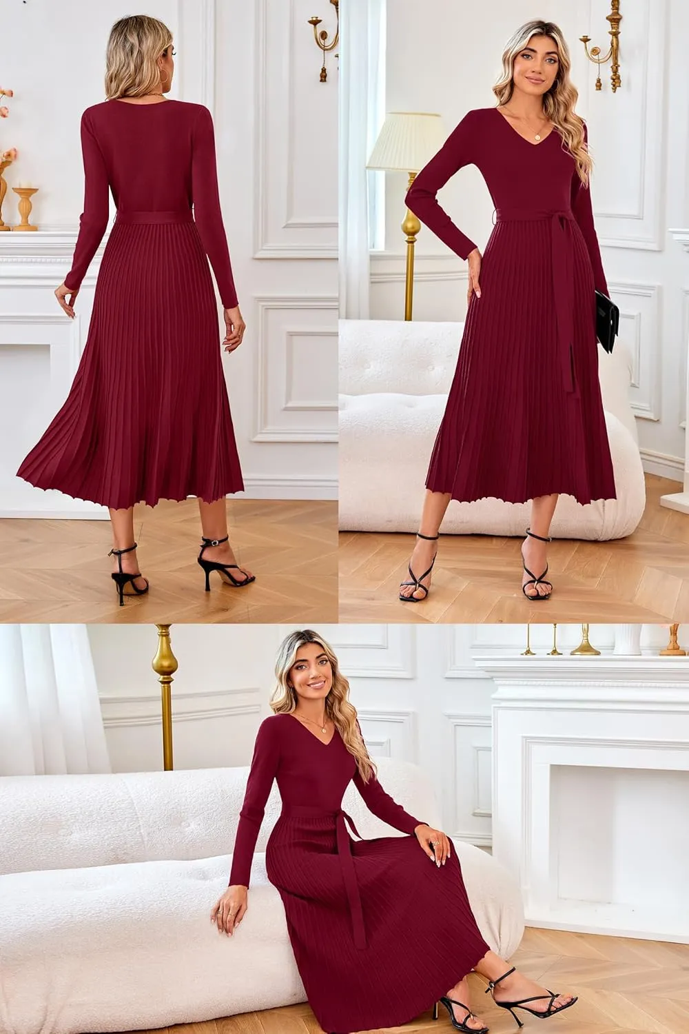 Arach&Cloz Women's Wool Blend Tie Waist Pleated Fall Sweater Dress 2025
