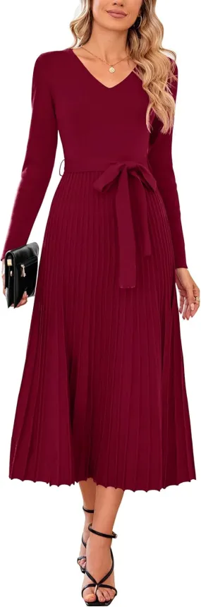Arach&Cloz Women's Wool Blend Tie Waist Pleated Fall Sweater Dress 2025