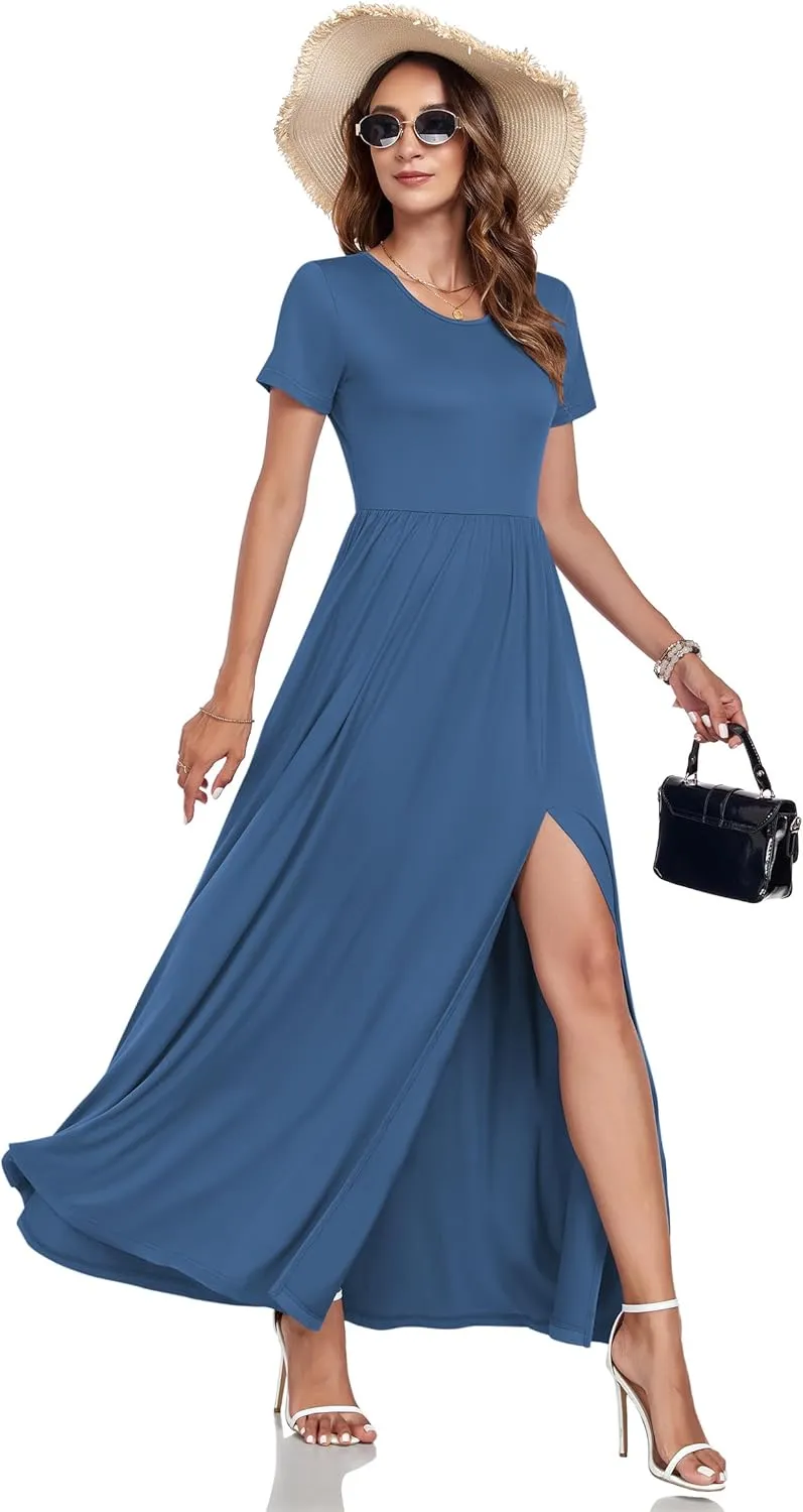 AUSELILY Women Maxi Dress 2025 Summer Short Sleeve Side Split Casual Long Dresses with Pockets