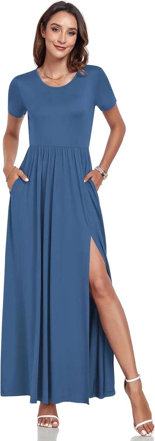 AUSELILY Women Maxi Dress 2025 Summer Short Sleeve Side Split Casual Long Dresses with Pockets