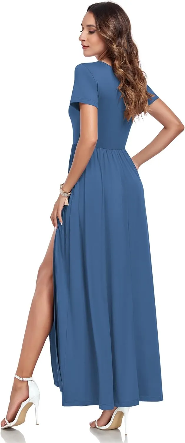 AUSELILY Women Maxi Dress 2025 Summer Short Sleeve Side Split Casual Long Dresses with Pockets