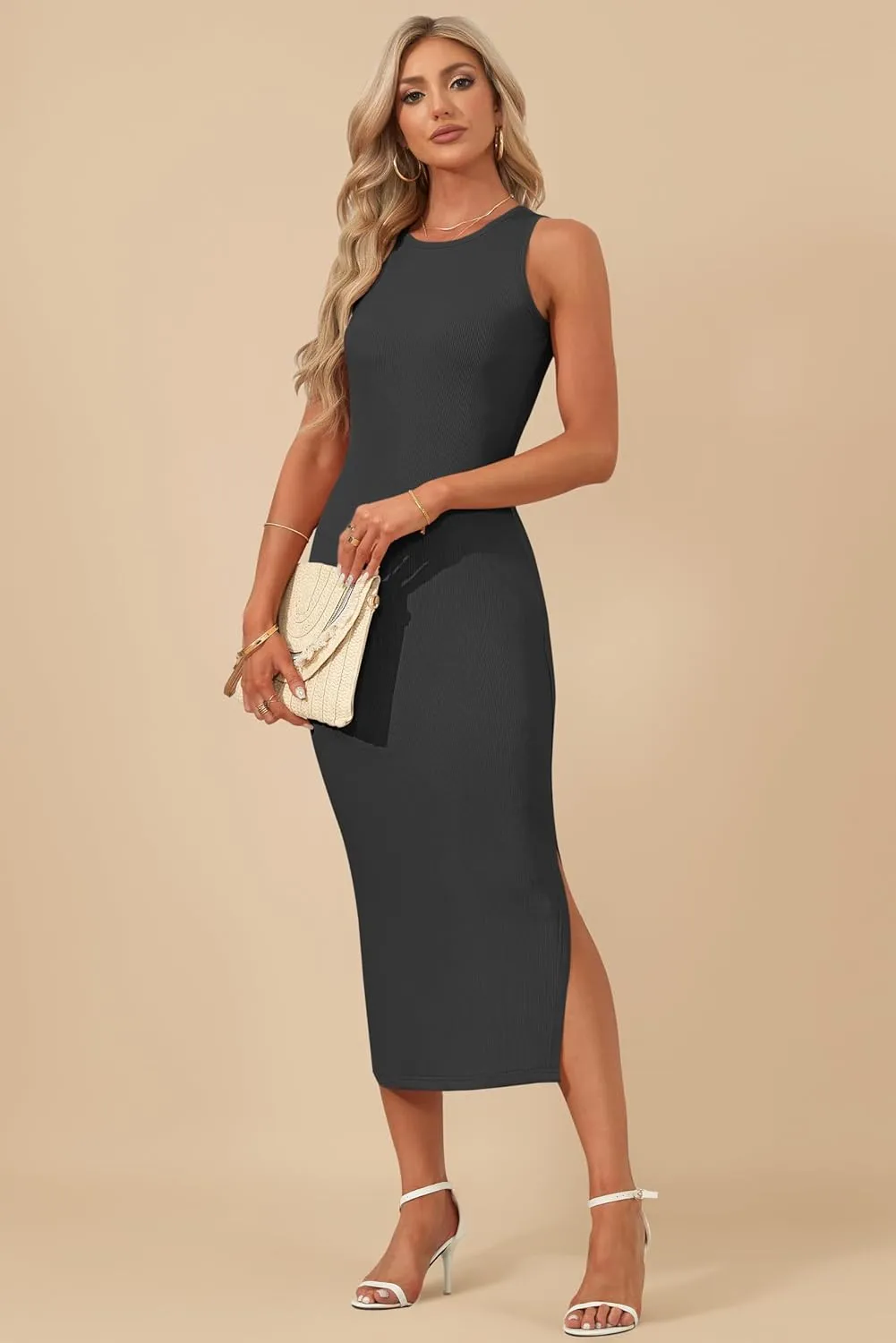 AUSELILY Womens Summer Bodycon Dresses 2025 Basic Casual Sleeveless Knit Tank Midi Dress
