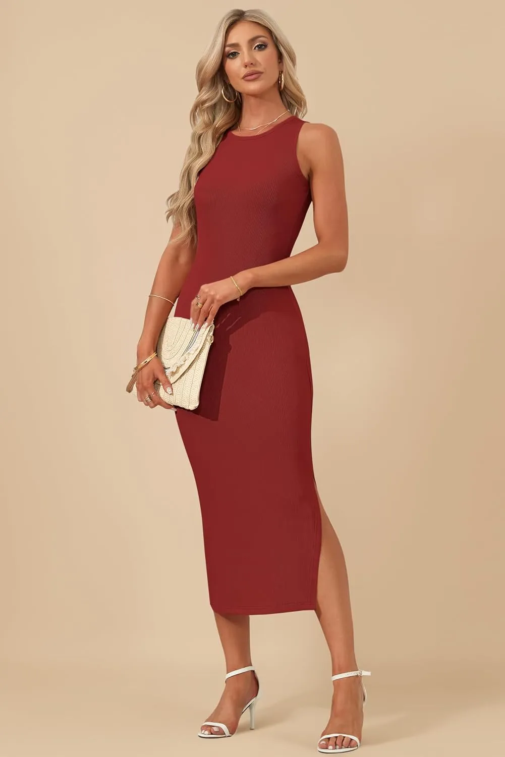 AUSELILY Womens Summer Bodycon Dresses 2025 Basic Casual Sleeveless Knit Tank Midi Dress