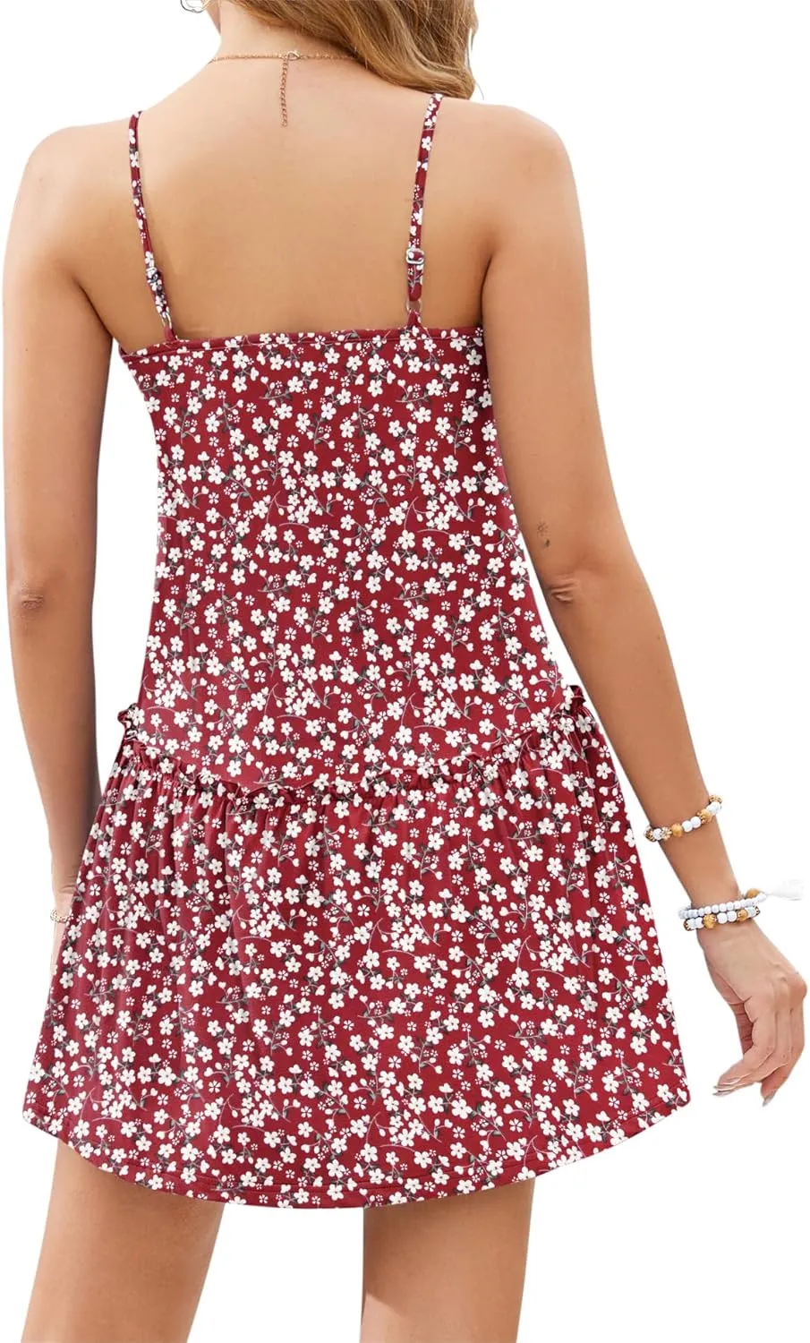 AUSELILY Womens Summer Dress Casual Sleeveless Spaghetti Strap Beach Dress Tiered Ruffle Short Sundresses