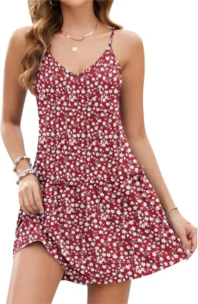 AUSELILY Womens Summer Dress Casual Sleeveless Spaghetti Strap Beach Dress Tiered Ruffle Short Sundresses