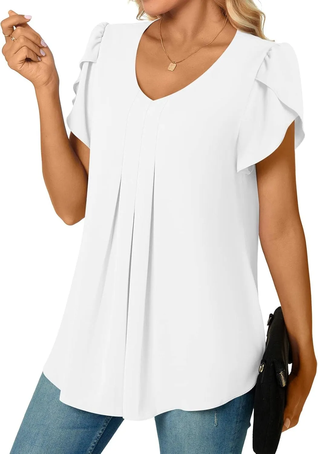 Bestbee Women's Chiffon Blouses Dressy Casual Tops Summer Tunics V Neck Business Short Sleeve Shirts