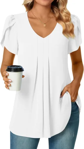 Bestbee Women's Chiffon Blouses Dressy Casual Tops Summer Tunics V Neck Business Short Sleeve Shirts