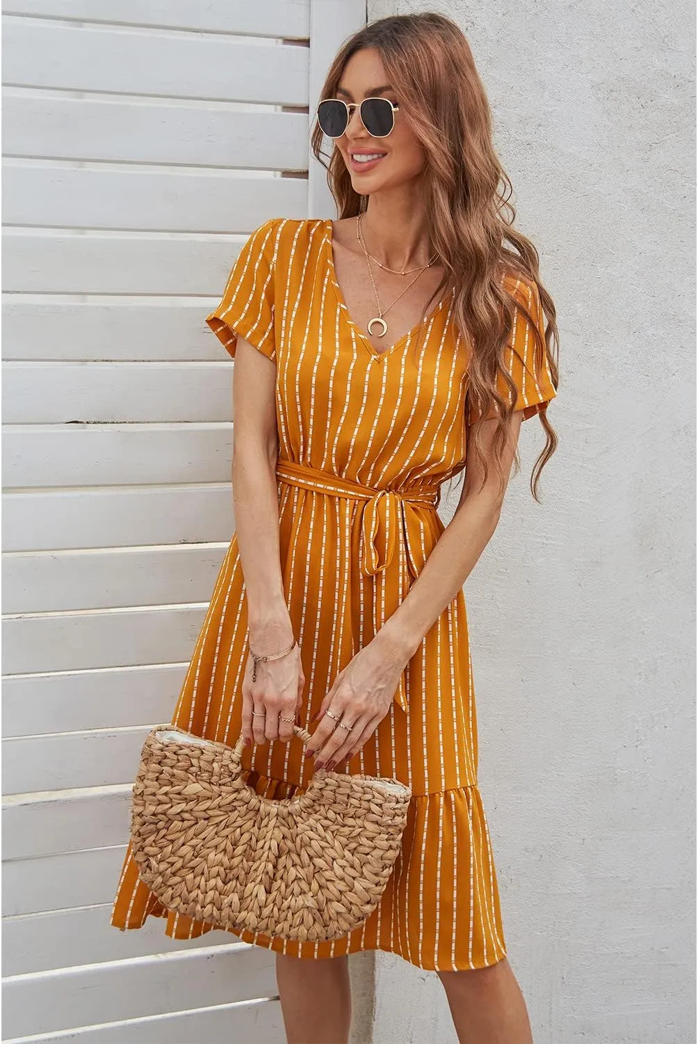 BROVAVE Women's Summer Short Sleeve V-Neck Striped Dress Tie Waist Casual Work Office Midi Dress