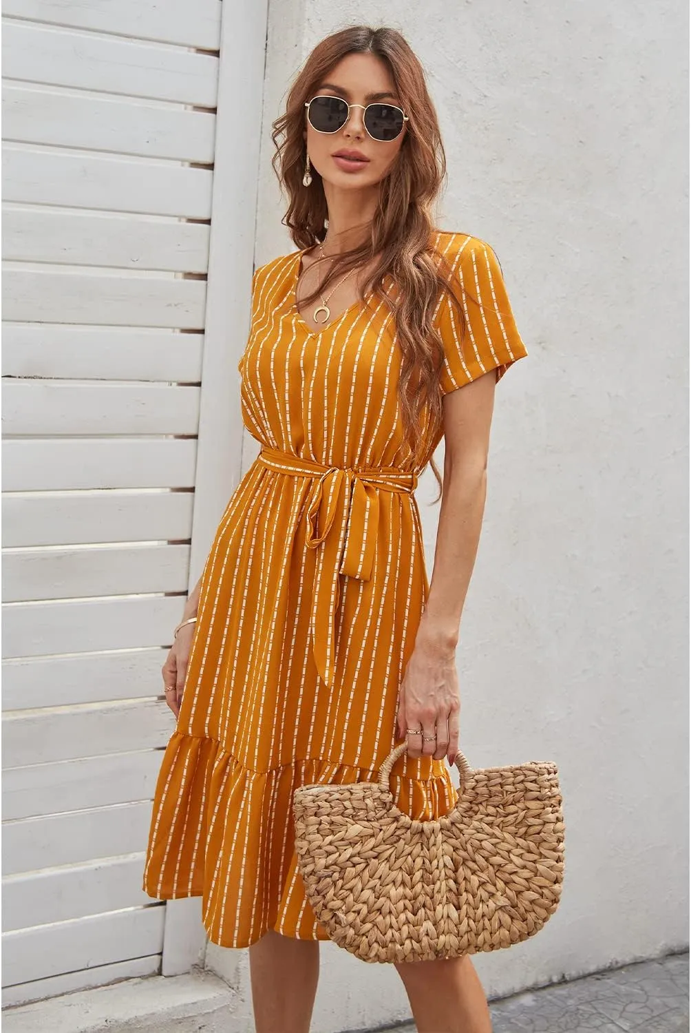 BROVAVE Women's Summer Short Sleeve V-Neck Striped Dress Tie Waist Casual Work Office Midi Dress